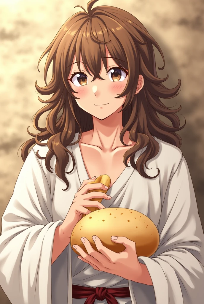 (masterpiece, Highest quality),One brown-haired young man, View your viewers, Wearing white clothes, whole body, Rustic clothes, Kind, Israel 2000 years ago,Jesus,Wavy Long Hair,Eating bread,Japanese anime style,Japanese light novel style,Friendly look,