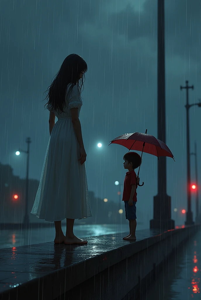 Beutiful sad woman. Standing on the Bridge ledge. Facing boy. Realistic. Add red and white colour. Raining. Boy has a umbrella in his hand. Girl is wearing white dress which is wet because of rain. Both are around 19 year old. Night time