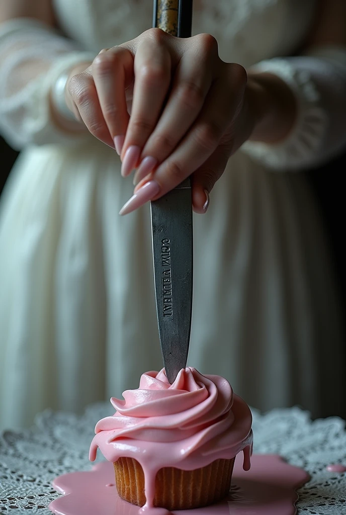 A female hand holding a knife with lace behind the knife with pink icing dripping with
