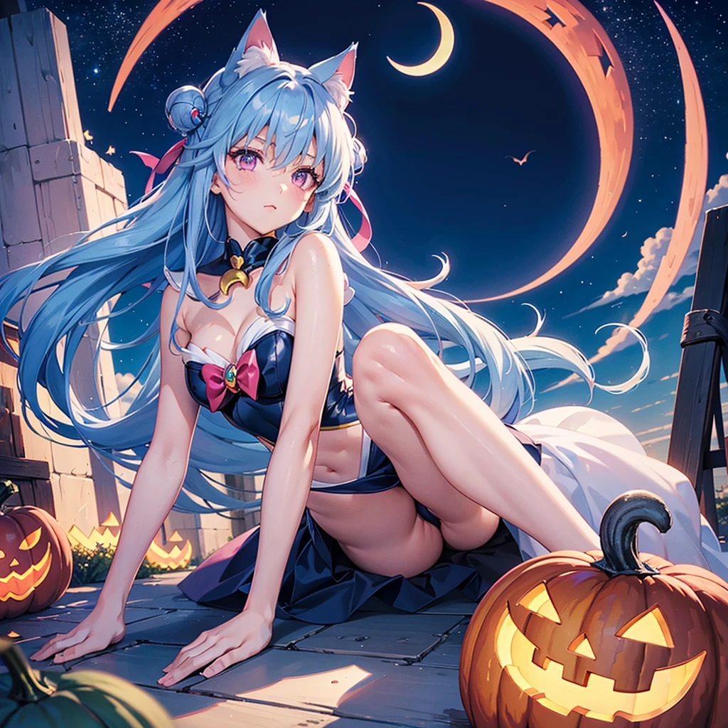 (Sky blue hair),(Medium Hair), (Pink Eyes),Fair skin) ,(whole body),(One Girl),(Crescent Moon),(There are lots of pumpkin ghosts in the background),Cat ear,Cat clothes,Sailor Moon,Cat's Tail,(If you don't give me sweets, I'll play a prank on you.),Halloween Night Party),(masterpiece, Highest quality, Very detailed, Best Shadow), (Detailed Background), (Beautifully detailed face), High Contrast, (Best lighting, Very delicate and beautiful), ((Cinematic Light)), Hyper Detail,8k, Dramatic Light, Intricate details,night,(Bats flying in the background),Pumpkin handbag,There are sweets in the bag,