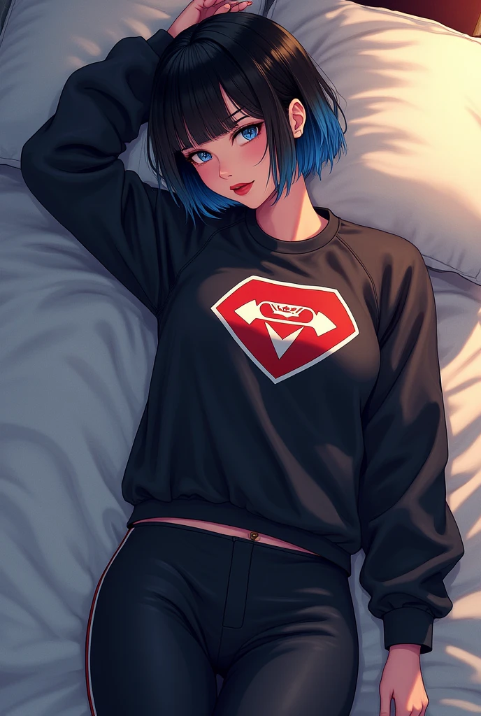 Beautiful women, Sexy Girls, Designer sweatshirt jacket with logo, Pants, Black short hair，Blue hair ends, bedroom, Lying in bed, (author Isaac Quek: 0.8) [author：Ilya Kuvshinov: 0.65]