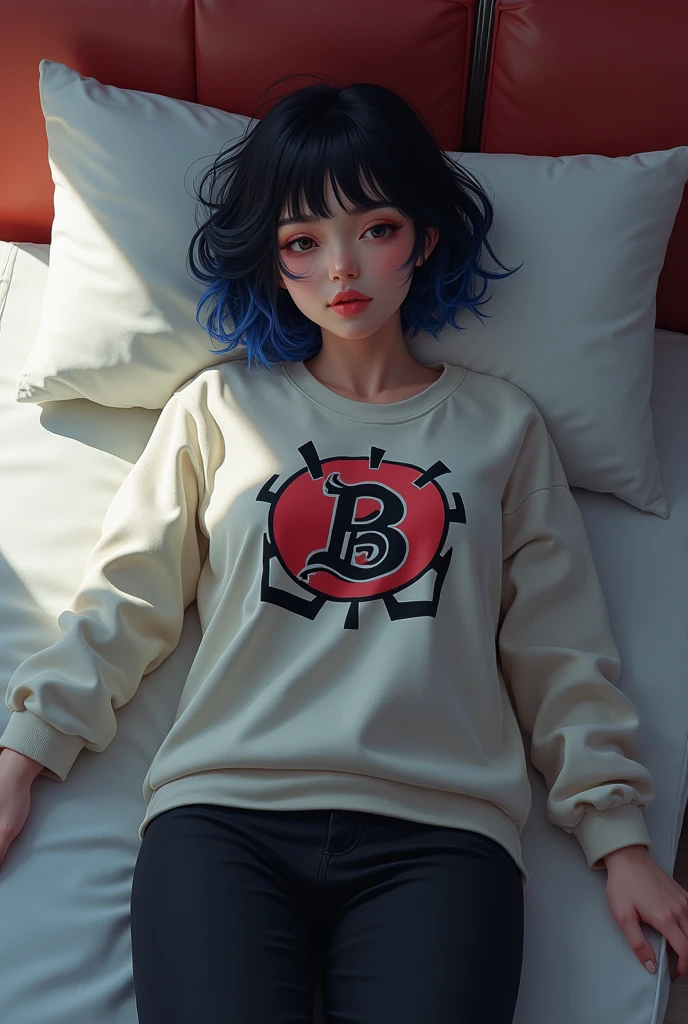 Beautiful women, Sexy Girls, Designer sweatshirt jacket with logo, Pants, Black short hair，Blue hair ends, bedroom, Lying in bed, (author Isaac Quek: 0.8) [author：Ilya Kuvshinov: 0.65]