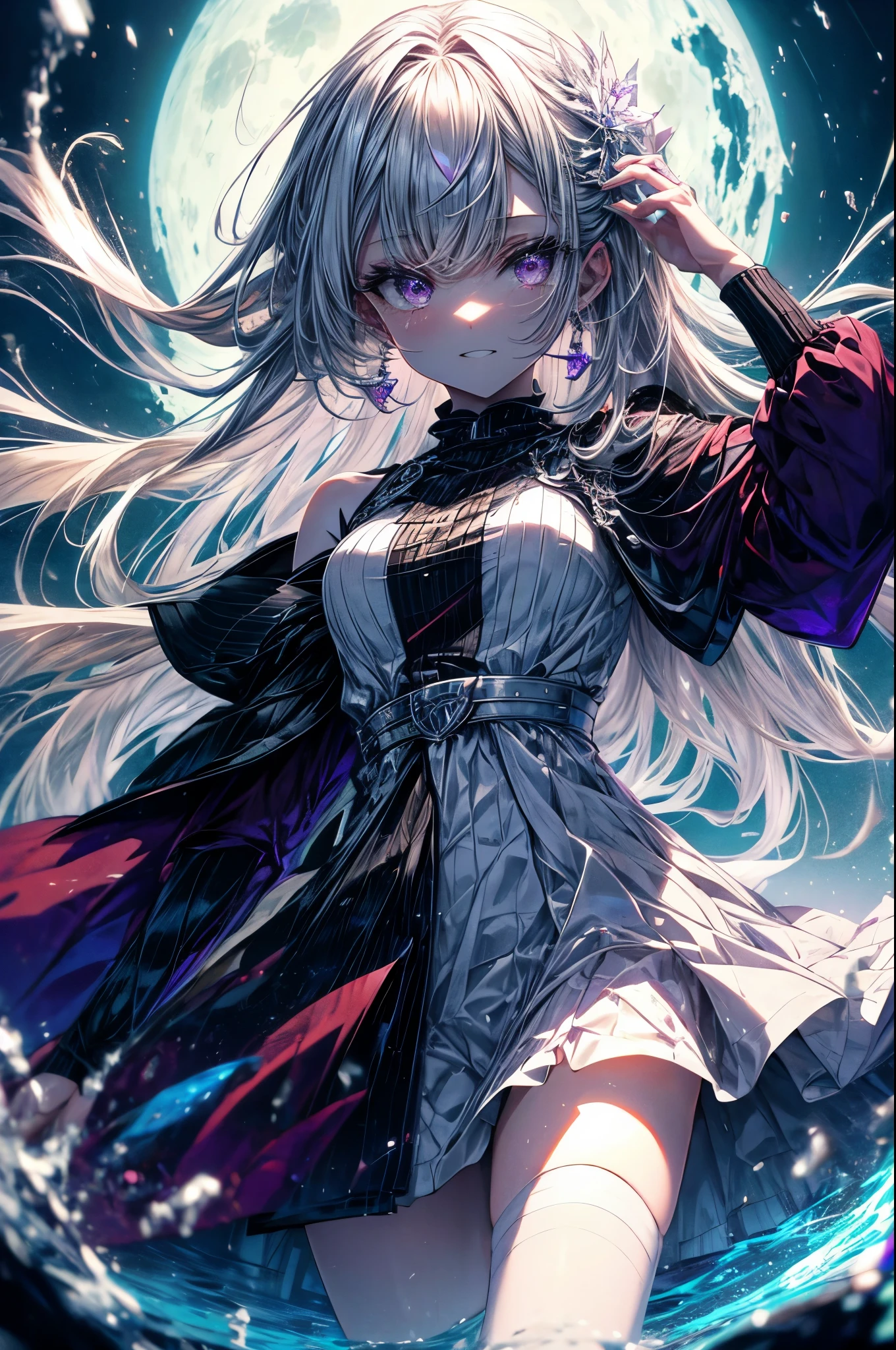so beautiful,8k,Gray Hair,White Dress,Grin,Dark Mansion,1 girl,Detailed purple eyes,tears,Standing by the lake,Big Moon,Full body view