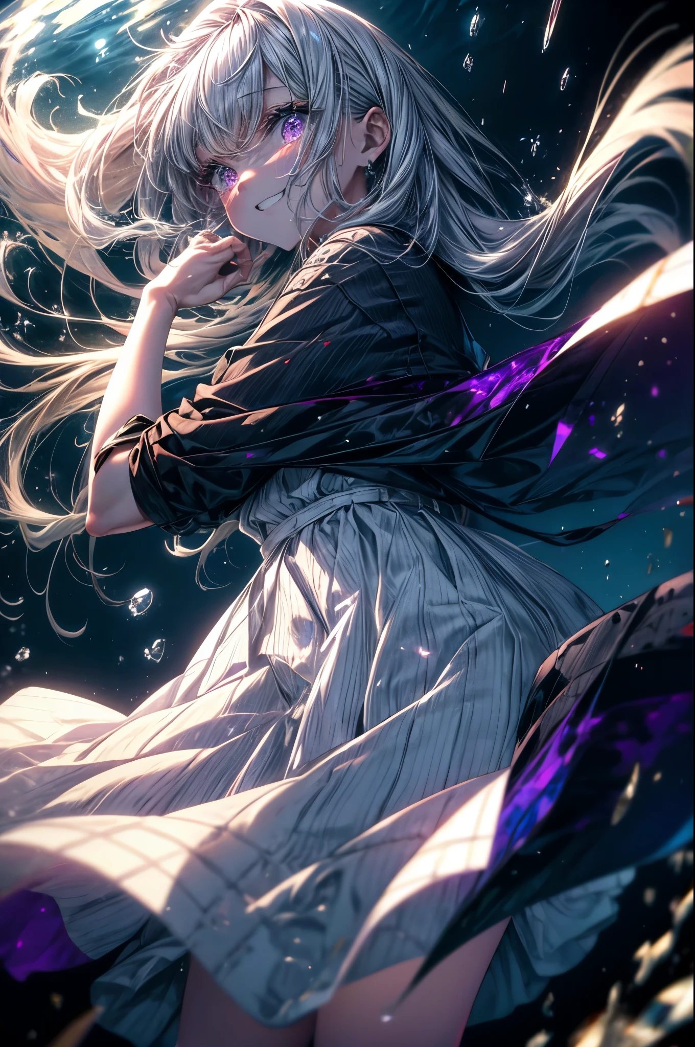 so beautiful，8k，Gray Hair，White Dress，Grin，Dark Mansion，1 girl，Detailed purple eyes，tears，Standing by the lake，Big Moon，Full body view