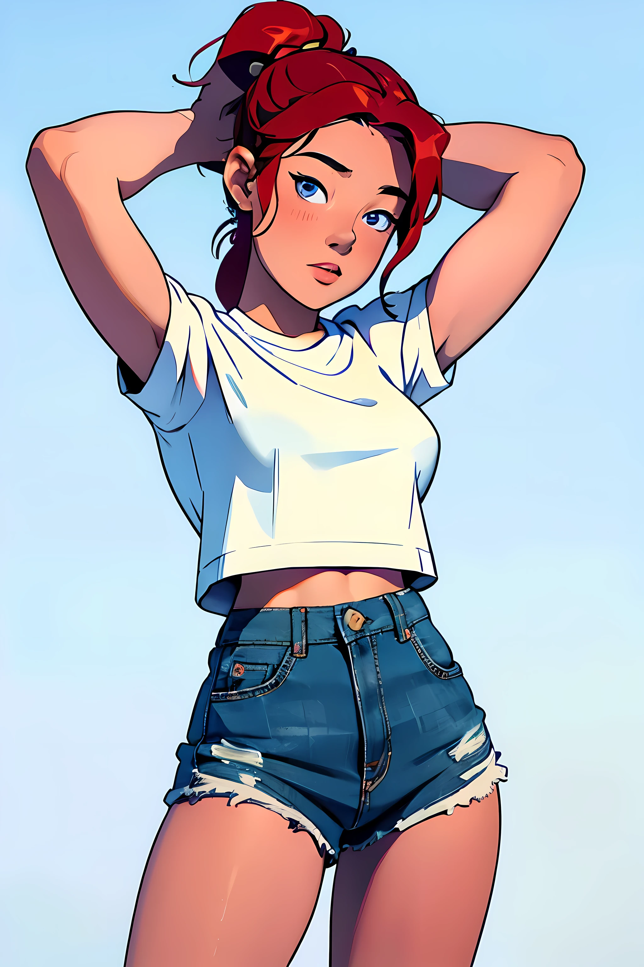 masterpiece, best quality, half body, 1girl, highest image quality, 21-year-old woman waitress, looks like Olivia Dunne, bright red hair, blue eyes, wearing a white t-shirt, denim shorts, surprised, large breasts, White background, empty background, adjusting hair, arms up