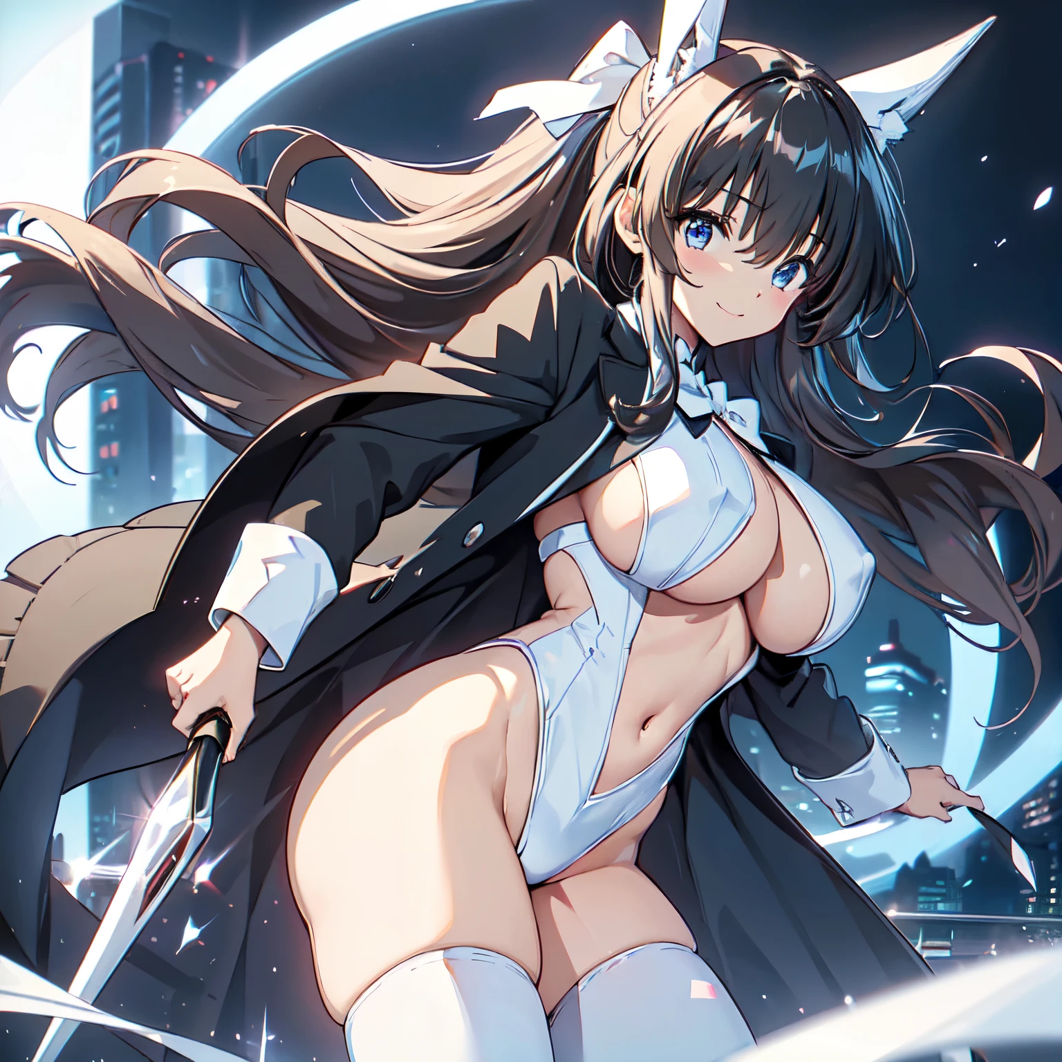 (tuxedo jacket), (white leotard), smiling(short height)(young girl), (black bunny ears), (huge round breasts)(big boobs), narrow waist, belly button, small hips, (bare hips), (thin legs)(bare legs), (thin thighs)spread, (white high-heel), (silver ponytail)(white ribbon), nightscape, city lights, (Highly Detailed CG Unity 8K Wallpaper) (Better Quality) (Better lighting)