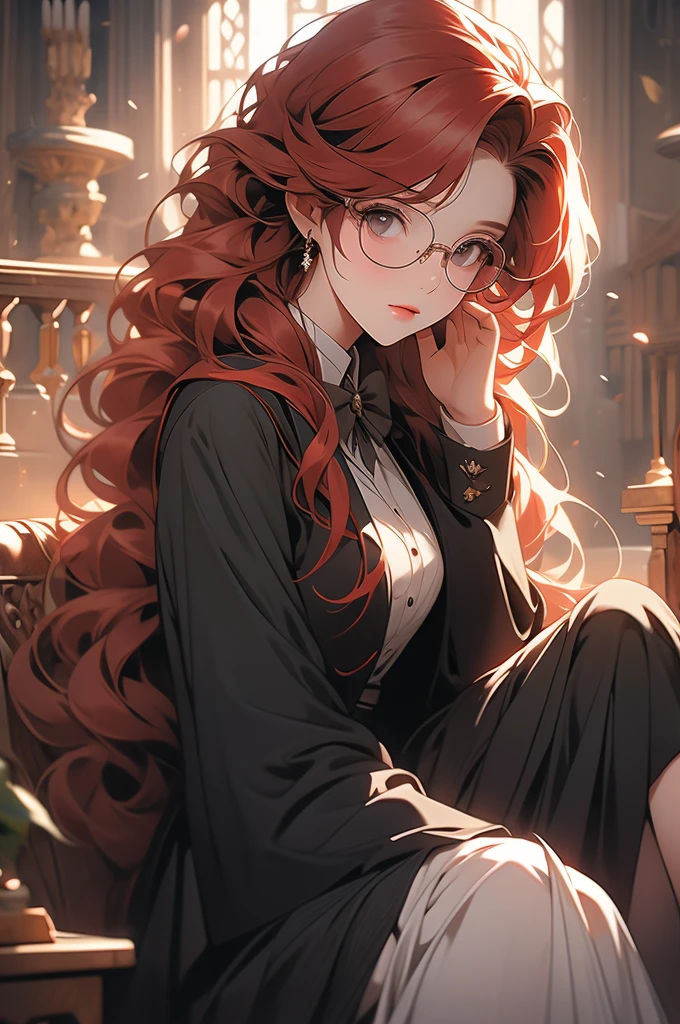 1 girl, floor-long hair, black skirt, academy uniform, hogwarts, glasses, looking down at viewer, floor POV, red hair