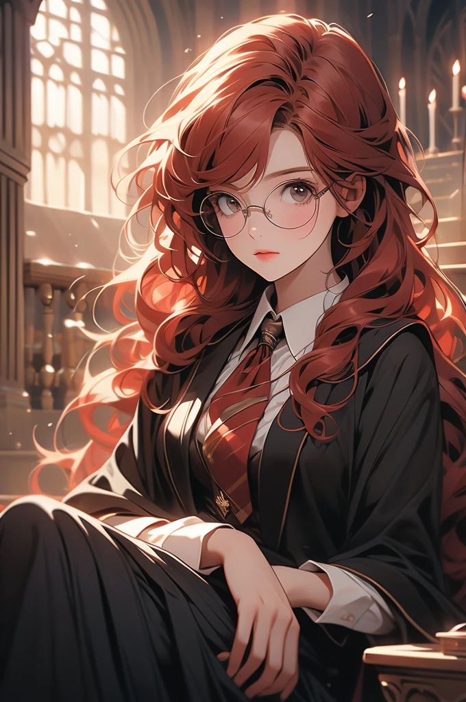 1 girl, floor-long hair, black skirt, academy uniform, hogwarts, glasses, looking down at viewer, floor POV, red hair