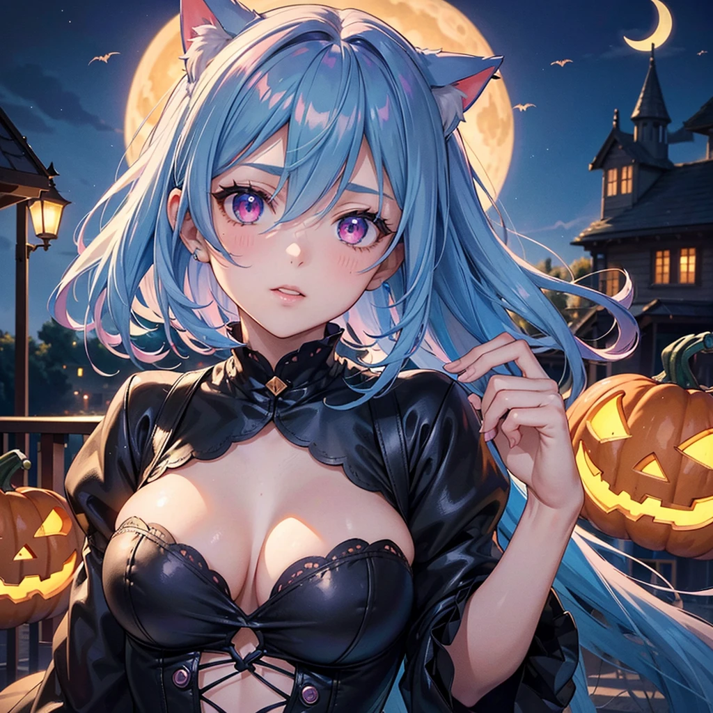 (Sky blue hair),(Medium Hair), (Pink Eyes),Fair skin) ,(whole body),(One Girl),(Crescent Moon),(There are lots of pumpkin ghosts in the background),Cat ear,Cat clothes,Ahegao,Fall into Darkness,If you don't give me sweets, I'll play a prank on you.),Halloween Night Party),(masterpiece, Highest quality, Very detailed, Best Shadow), (Detailed Background), (Beautifully detailed face), High Contrast, (Best lighting, Very delicate and beautiful), ((Cinematic Light)), Hyper Detail,8k, Dramatic Light, Intricate details,night,(Bats flying in the background),Pumpkin handbag,There are sweets in the bag,