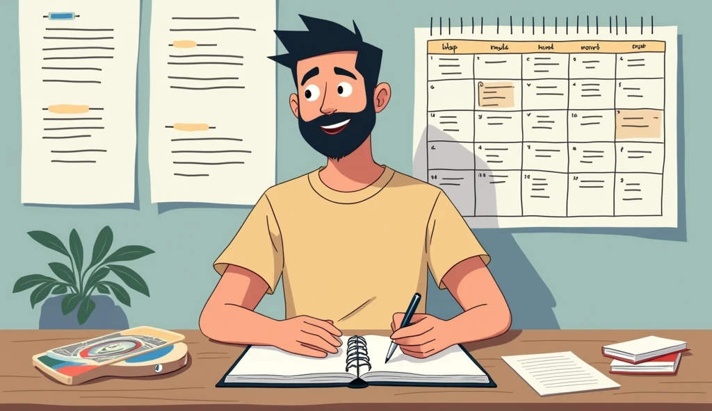 Illustration of Ramu sitting at a table with a notebook and a pen, dividing his tasks into smaller parts and scheduling them on a calendar or a timetable.