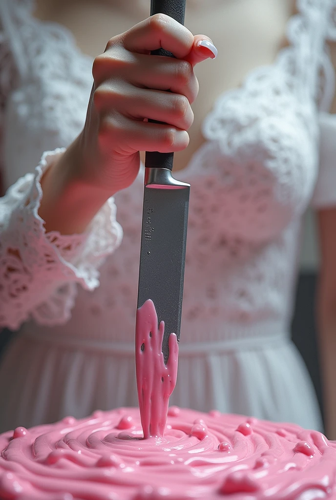 A female hand holding a knife with lace behind the knife with pink icing dripping with 