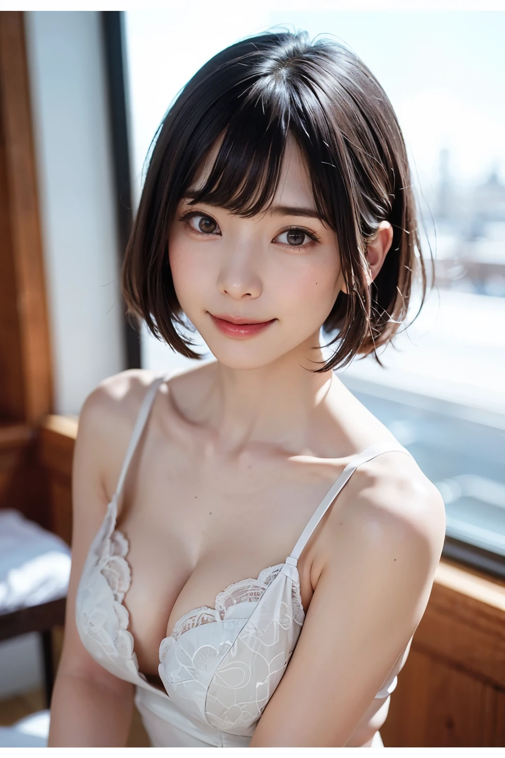 (masterpiece, Highest quality),One Girl, alone, hyper Realistic, Realistic,Realistic, Looking at the audience, Light brown eyes:1.4,Brunette Short Bob Hair with highly detailed shiny hair, Brightly colored winter clothes, Lepangas:1.4), Plein Air, Mouth closed, Upper Body、big chest eye、eyelash、{Huge|big|非常にbig|Mega} chest:2, chestの谷間:2、{Huge|big|expensive|Mega} chest:2, chestの谷間:2、The large windows overlook the strait valley..、(((big chest eye、Short Bob Hair、Glowing Skin、Shiny Hair、Student Highlights、Gazing at the audience、She is very beautiful and cute、Listen carefully、Long neck、smile、Close your mouth and smile、bangsと美しい歯、bangs、Perfect Anatomy)))、Ideal body type、(Snowy tree-lined road in winter in Norway, Out of focus background)、美しいLong neck:1.4、Very attractive, 美しくてかわいいVery attractive女性、