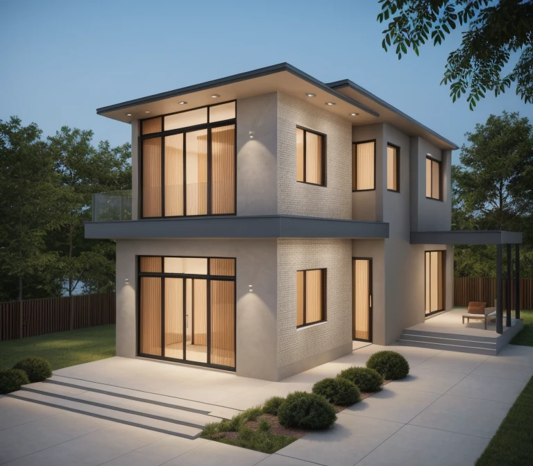 1 morden villa with, main material of villa about white wall and wooden cladding, main material by white wall and wood, 1large yard, 1 road runs in front of the house, (RAW photo, real, best quality, masterpiece:1.2), look morden minimalist, 1 road in front of the house, dynamic lighting:1.3, (hyper realistic, photo-realistic:1.2), high quality, (dark lighting:1.2), perfect lighting, archdaily, no human