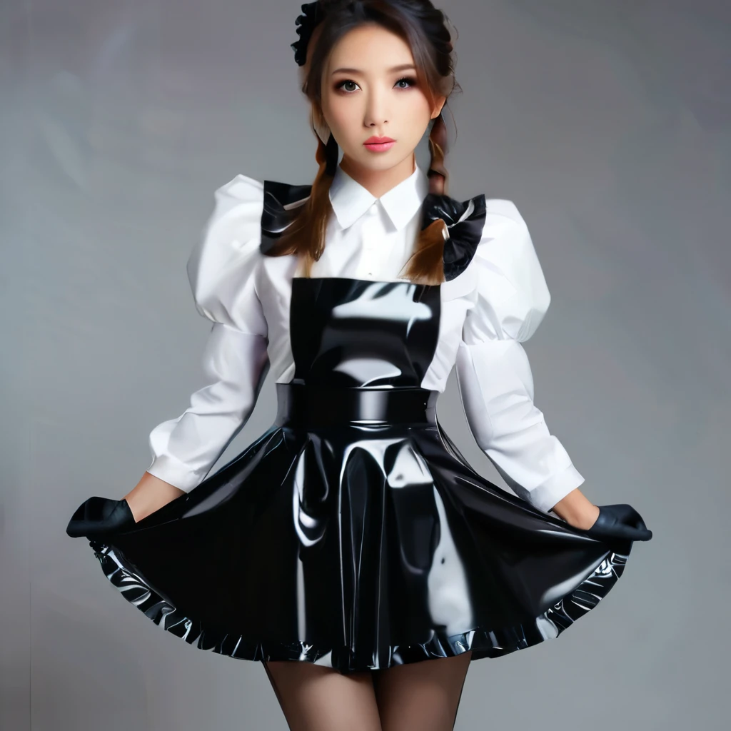 Portraiture、(masterpiece,Highest quality,Ultra-high resolution),Japanese women, (((Very beautiful 25 year old girl))),(Latex Maid Clothing)、((Latex Long Skirt))、(A long-sleeved latex shirt that covers the upper body)、Latex gloves、Latex socks、Latex bodysuit、Frills、The clothes fit snugly to the body、Latex is very shiny、Dark Room、