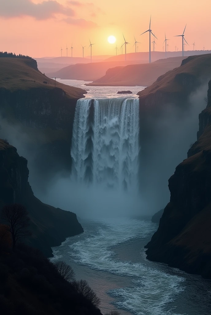 Waterfall at sunset with a wind farm in black and white 

