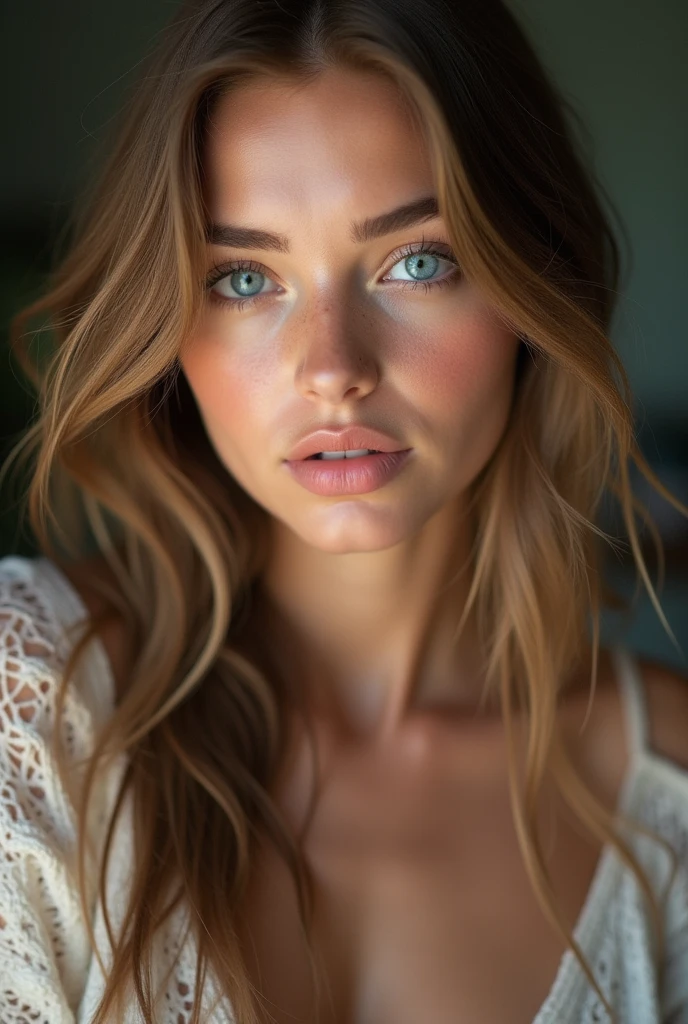 instagram influencer, 20 years old gorgeous girl, hot, hot body, portrait, ice blue eyes, long hair, too femmenine, big breast size, 8k, hyper realistic, photography, hdr, light freackles, face close up, clear skin, photoshoot