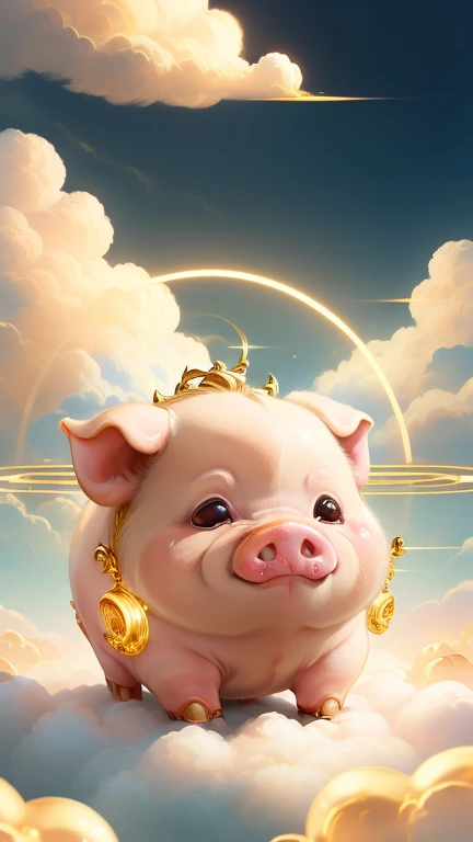 god々Cute Pig、Aura of Gold,Looking into the camera、Look at this、Background gold、Floating in the clouds