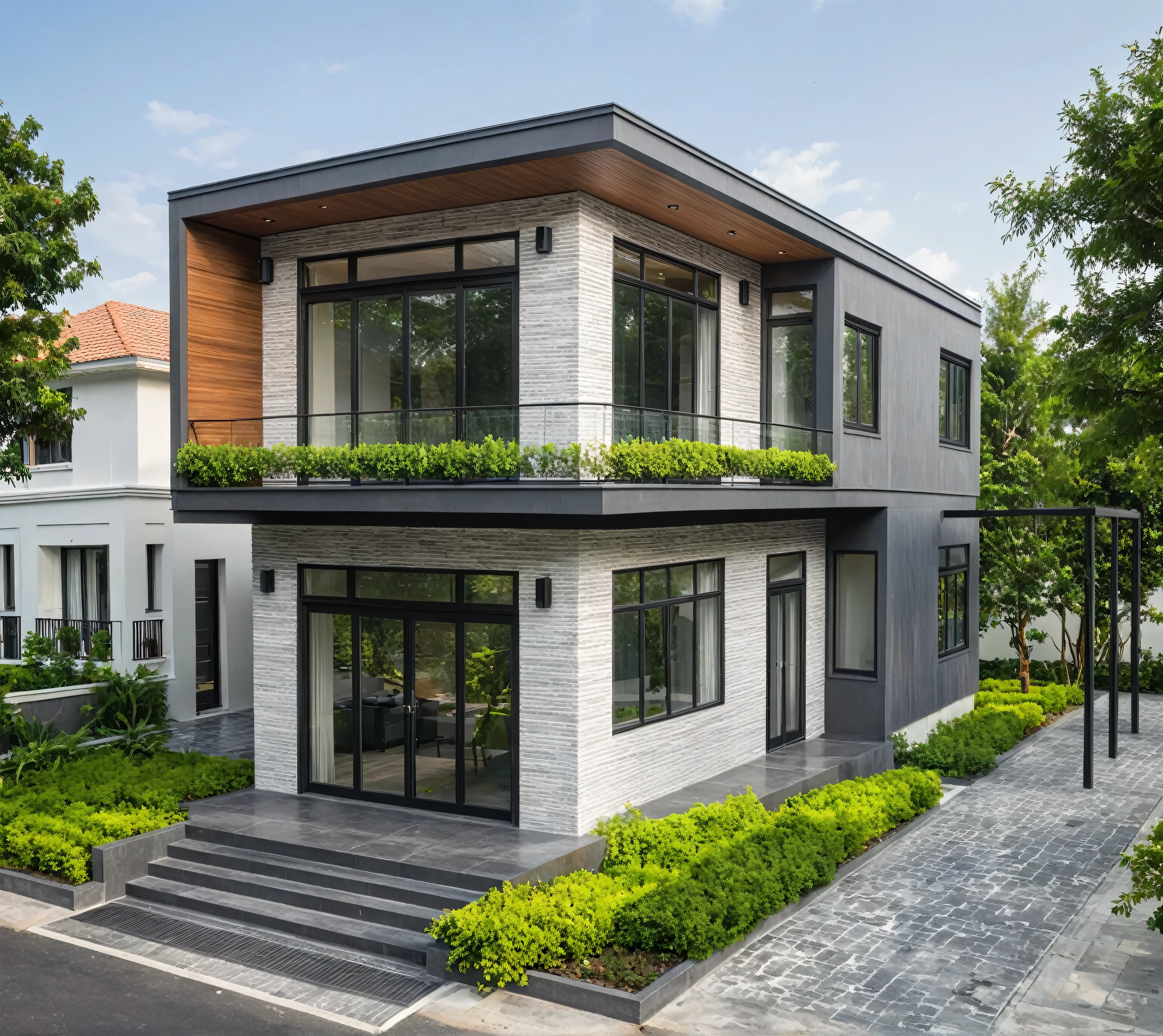 modern villa on street, (daylight), tropical tree, green shrub and plants, vivid color, streetcapes, minimalist design, brigth grey tone, large glass door, warm interior lighting, modern material, best quality, ultra realistic, masterpiece, 17ArchiAI_XL_VL-v1