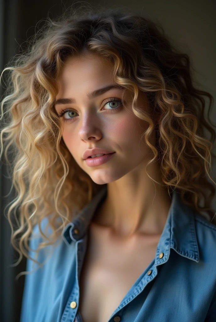 there is a sexy teenager with curly hair and a blue shirt, curly haired, fair curly hair, with haunted eyes and curly hair, her face framed with curls, curly, curly blonde hair | d & d, curly hair, with long curly hair, silver curly hair, with a curly perm, brown curly hair, taken in the early 2020s, black bra