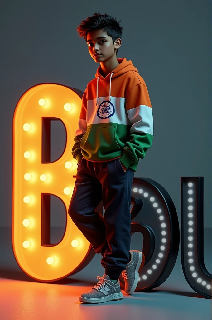 The black-haired real Indian 16-year-old boy is wearing a casual outfit including a india flag sweatshirt, jogger pants and sneakers. The man is leaning on a large bright tricolor letter ‘Bablu’, which is black with white accents. The overall color scheme is minimal, focusing on the colors of the tricolor. The scene has a modern and clean aesthetic, with soft darks and subtle shadows.”