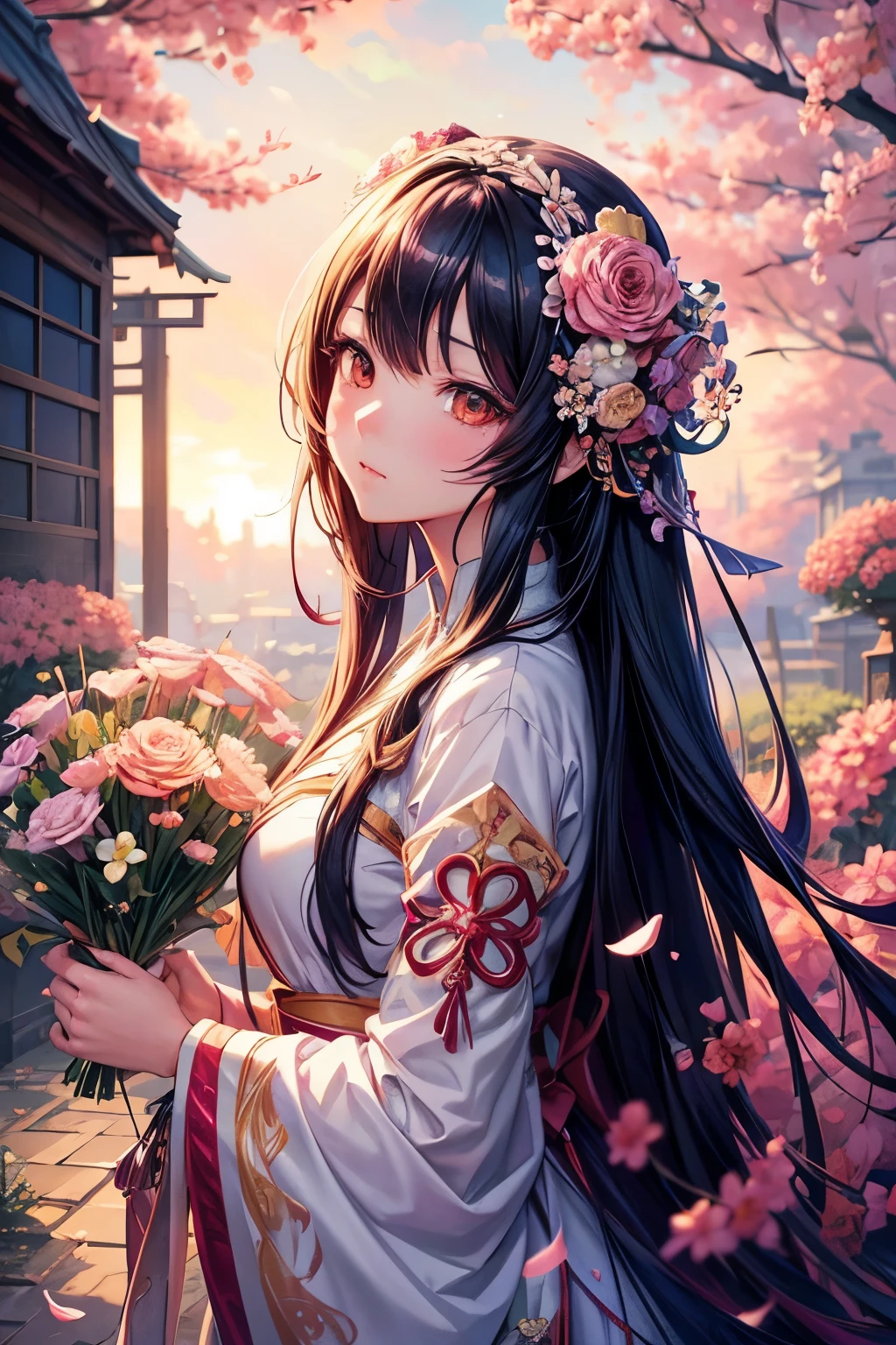 Anime style long hair girl，flowers in hair, Cute anime waifu wearing beautiful clothes, beautiful anime girl, Lovely and detailed digital art, Beautiful anime portrait, guweiz on pixiv artstation, guweiz style artwork, guweiz on artstation pixiv, Detailed digital animation art, Anime style 4K