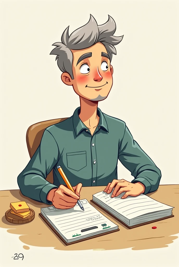 Illustration of Ramu sitting at a table with a notebook and a pen, dividing his tasks into smaller parts and scheduling them on a calendar or a timetable.