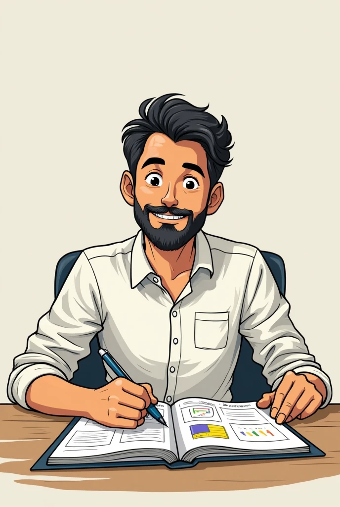 Illustration of Ramu sitting at a table with a notebook and a pen, dividing his tasks into smaller parts and scheduling them on a calendar or a timetable.