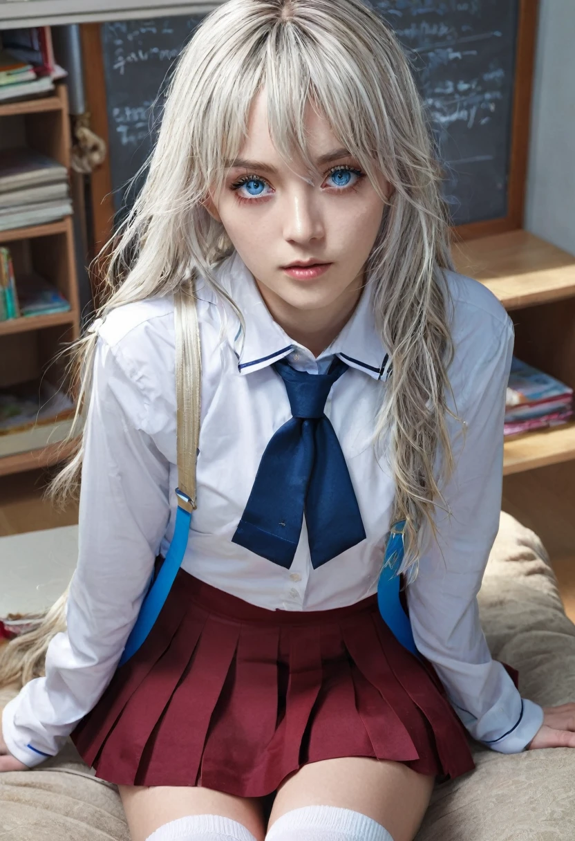 masterpiece, a high resolution, highest quality, illustration, cinematic light, Ultra detailed, detailed face, (((detailed eyes))), Best quality, hyper detailed, masterpiece, (detailed face), Alice Kujo, 1 girl, long hair, Blue eyes, shirt, a gift, tape, , Jacket, hair tape, (White hair), just concentrate, a gifttie, look at the viewer, red a gift, red tape, red a gifttie,skirt, white knee socks, ((school uniform)), class without underwear