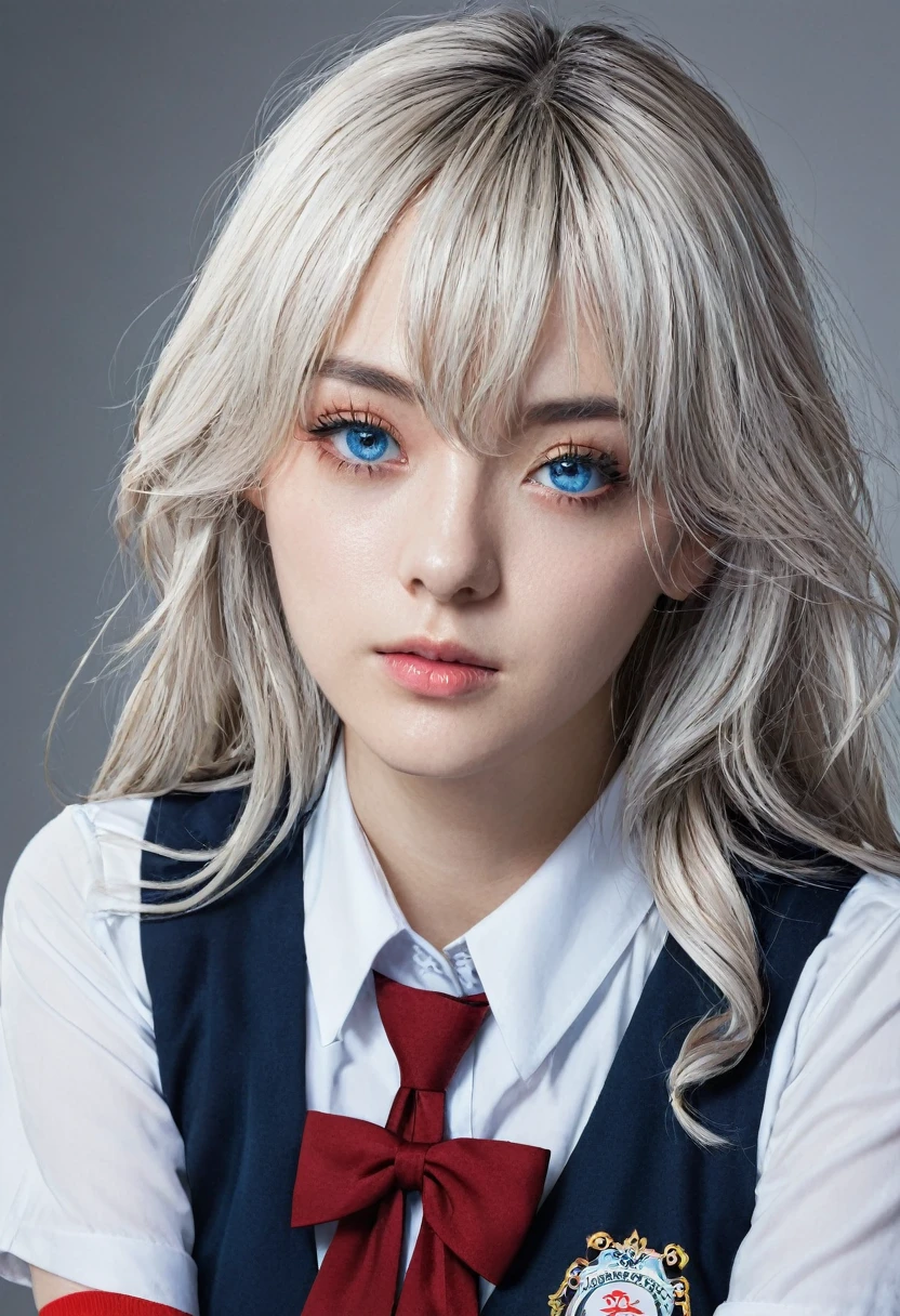 masterpiece, a high resolution, highest quality, illustration, cinematic light, Ultra detailed, detailed face, (((detailed eyes))), Best quality, hyper detailed, masterpiece, (detailed face), Alice Kujo, 1 girl, long hair, Blue eyes, shirt, a gift, tape, , Jacket, hair tape, (White hair), just concentrate, a gifttie, look at the viewer, red a gift, red tape, red a gifttie,skirt, white knee socks, ((school uniform)), class without underwear