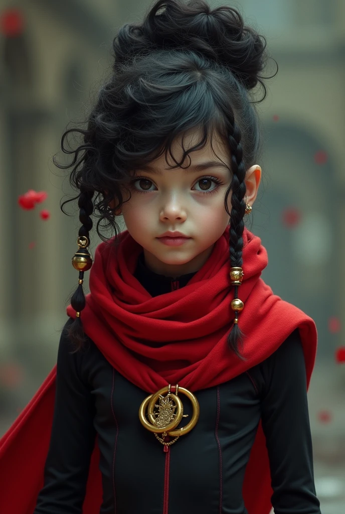 A superhero who has curly hair, bun at the back, more or less medium height, two braided bangs in the front with golden rings in the strands. skin fair, wear a red scarf, black leagwear, more or less thin face , and with chess references.