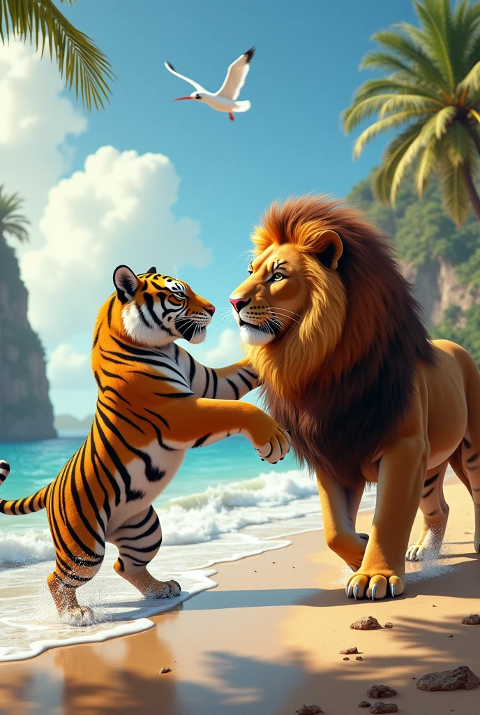 Lion playing with tiger on a beach
