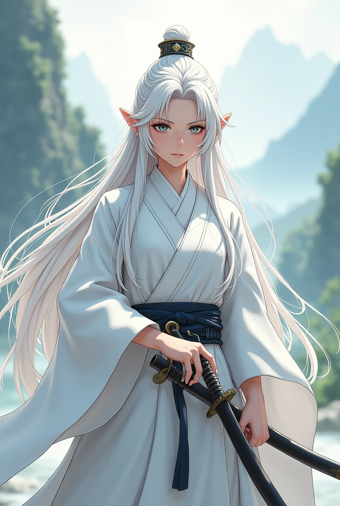 create anime character a white haired samurai, white clothes always