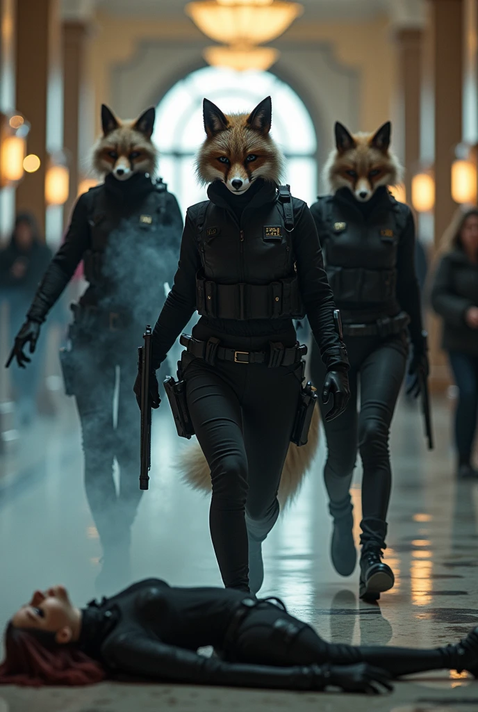 3 famme qui porte un masque entier de renard qui fon un braquage dans une banque et tué une famme cosplay de Black widow 
