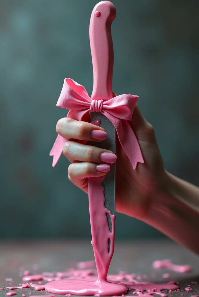 A female hand holding a knife with pink bow on the knife with pink icing dripping down