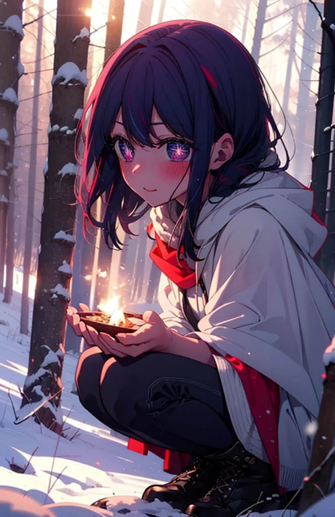 aihoshino, Ai Hoshino, Long Hair, bangs, (Purple eyes:1.1), Purple Hair, (Symbol-shaped pupil:1.5), smile,,smile,blush,white breath,
Open your mouth,snow,Ground bonfire, Outdoor, boots, snowing, From the side, wood, suitcase, Cape, Blurred, , forest, White handbag, nature,  Squat, Mouth closed, Cape, winter, Written boundary depth, Black shoes, red Cape break looking at viewer, Upper Body, whole body, break Outdoor, forest, nature, break (masterpiece:1.2), Highest quality, High resolution, unity 8k wallpaper, (shape:0.8), (Beautiful and beautiful eyes:1.6), Highly detailed face, Perfect lighting, Extremely detailed CG, (Perfect hands, Perfect Anatomy),