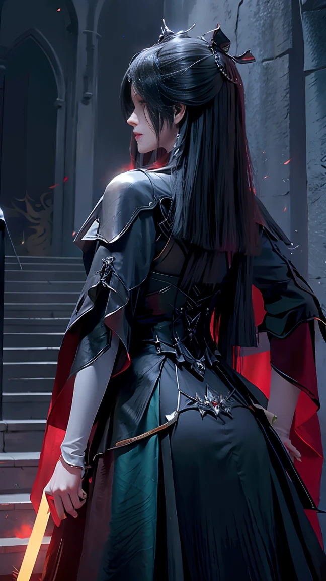 Arad woman in black dress,Bronze Armor,Complex armor patterns,There are sickles on the stairs,Gray cape covers the face,Rear lighting,Explosion,Ragged clothes,There is an unknown white lotion on the thigh,Rim Light,The color on the scythe is crimson,The bright white light of the blade,Green smoke rises from the ground,8K is incredible in detail