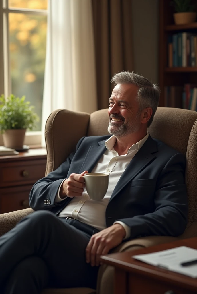 a man relaxing with a cup of coffee, a completed checklist next to them.