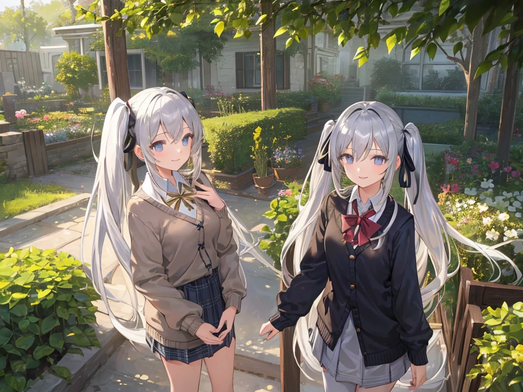 master piece,best quality, detailed beautiful face and hair, ,score_9, (((((1girl))))),************,silver hair,Long hair,twintail , Collared shirts and cardigans, ,Smile、garden
