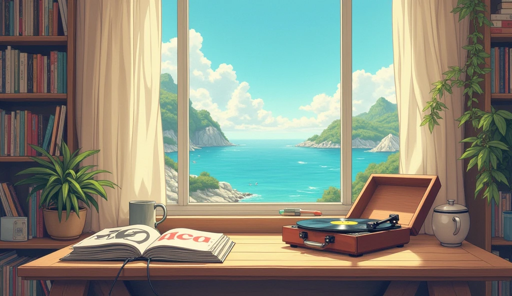 Lots of records、pastel、Anime Style、coffee、Headphones、gramophone、The landscape is the sea