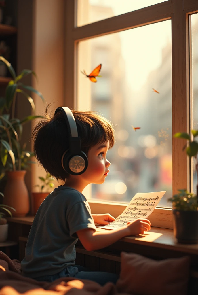A boy listing music and he see window