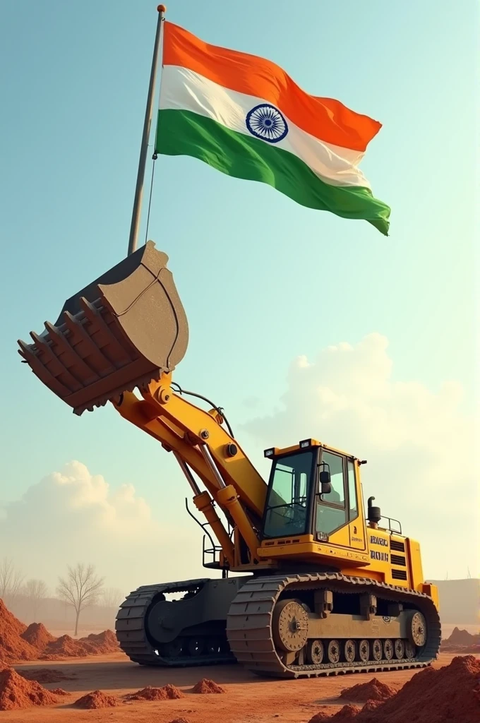 There is such an image, an excavator is standing, its bucket is on top and the Indian flag is placed on it. On the head of our excavator ((sahbazz071)) it is written our happy independence day