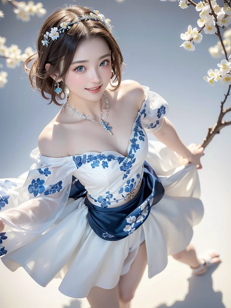 8k,Confused, High resolution, Very detailed, 1 girl, alone, Very beautiful eyes, Ultra-precise depiction, artistic、Very detailed depiction, (Tangled:1.2), , (White high key background:1.5), (((White dress with blue floral pattern 1.5))), 、 short hair、Loose wavy hair、Earrings and Necklaces、Brown Hair, (Glowing Skin), Many colors, , (Shooting from above:1.2),、Flat Body、slim、cute、、Round face、Cast a Shadow、、Smile 1.3、1 that emits a shining aura.4、Lively poses、Off the shoulder、(((The skirt is short)))、The skirt flutters in the wind