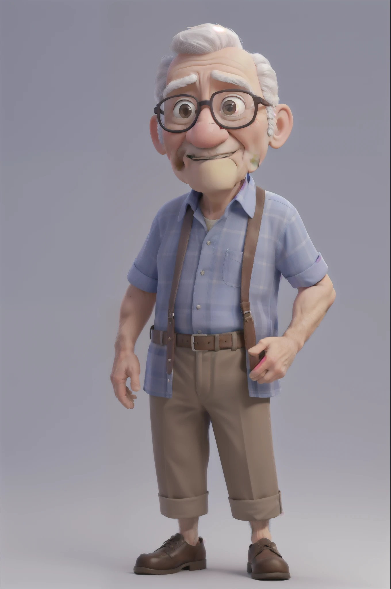 masterpiece, best quality, an elderly, no hair oldman with glasses, wearing a light blue plaid shirt, standing on a white background.