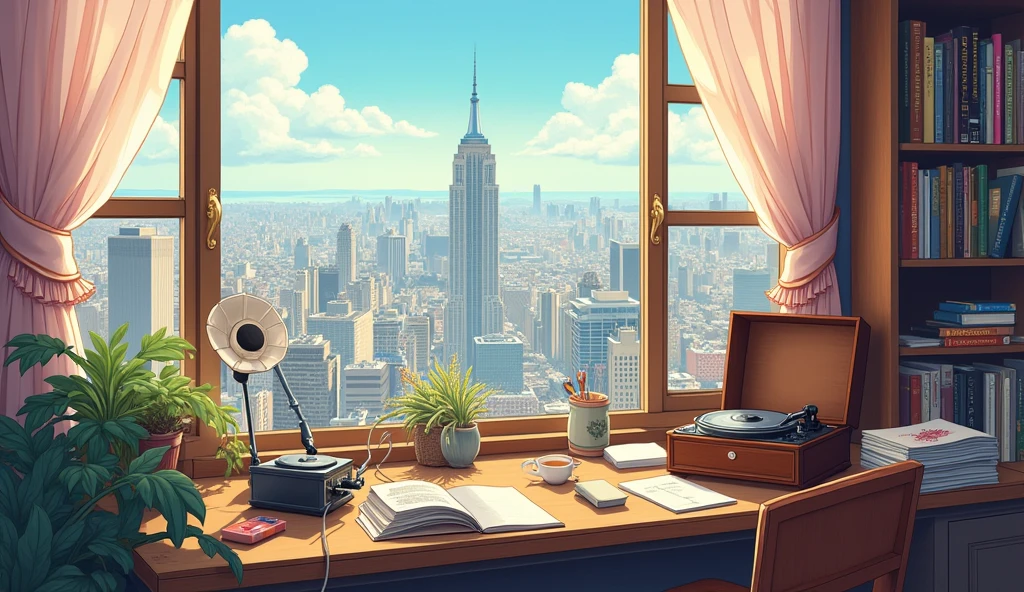 Lots of records、pastel、Anime Style、coffee、Headphones、gramophone、The scenery is a cityscape