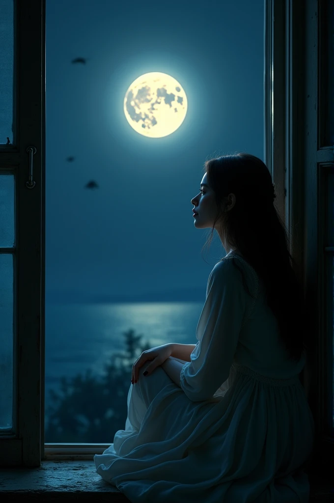 A  looking at the full moon from her window.