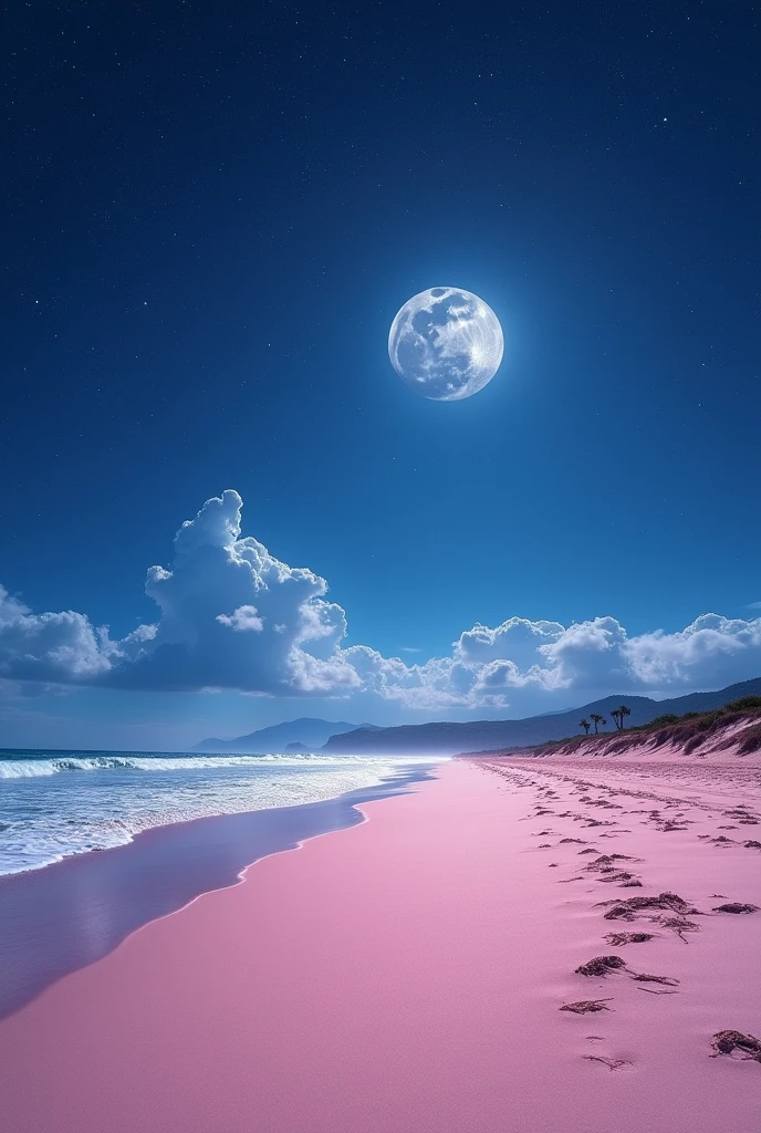 beautiful starry sky, pastel pink coloured beach, with no trees, a full moon in the sky