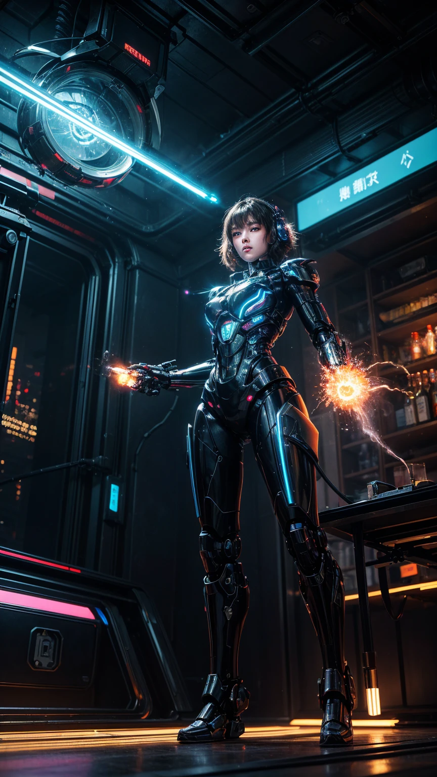 masterpiece,Official Art,8K, masterpiece, best quality, Very detailed, Futuristic, Dynamic, Luminescence, Metal, ,, , Cybernetic World,Mecha:1.2,Energy Wave,explode,High-tech architecture,Neon lights,Smoke.