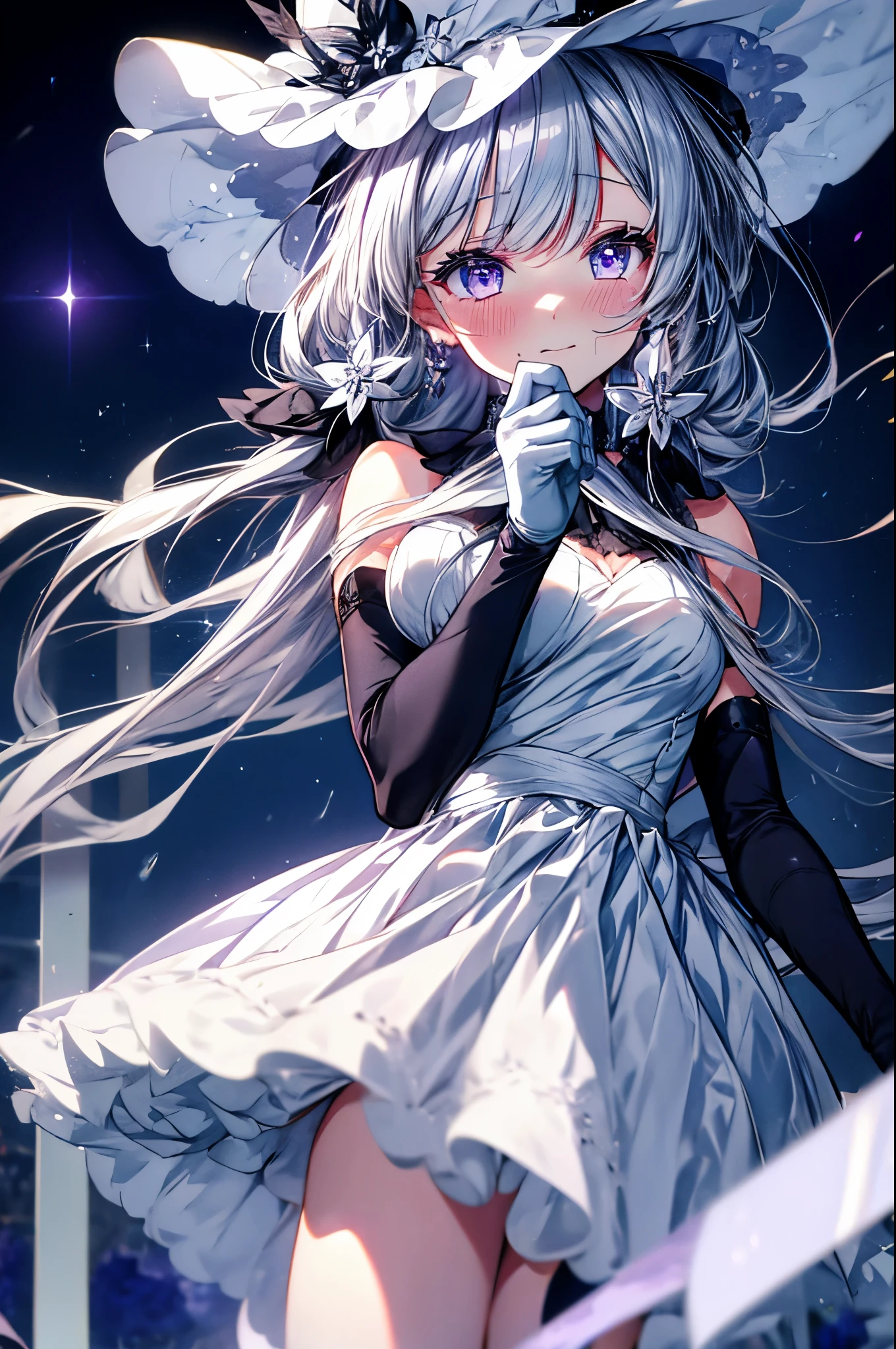 so beautiful，8k，Illustrious，Gray Hair，smile，Night Sky，shooting star，One girl and one boy, Wall Don POV，Detailed purple eyes，tears，dress, elbow gloves, gloves, hat, ribbon, white dress, white gloves, white headwear，Beckon