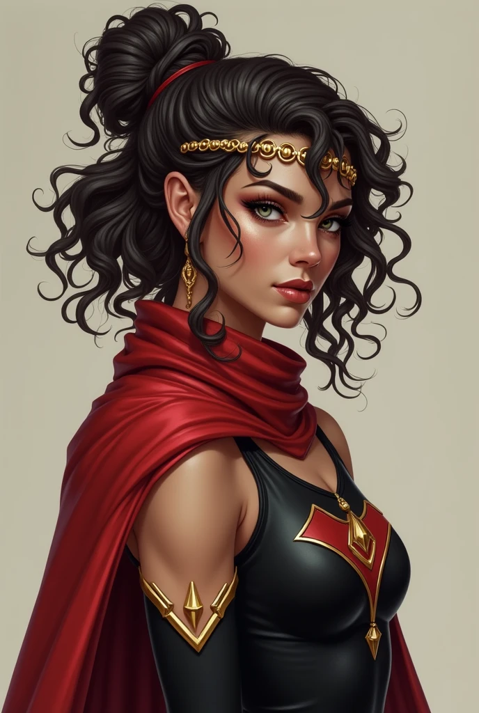 A superhero who has curly hair, bun at the back, more or less medium height, two braided bangs in the front with golden rings in the strands. skin fair, wear a red scarf, black leagwear, more or less thin face , and with chess references. aged 20. Hair curlier than this