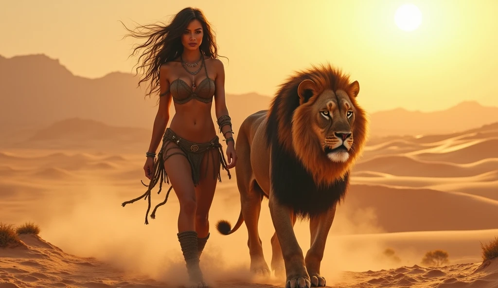 beautiful barbarian girl, beautiful breasts, beautiful hips, desert, sun, lion nearby, walking together,